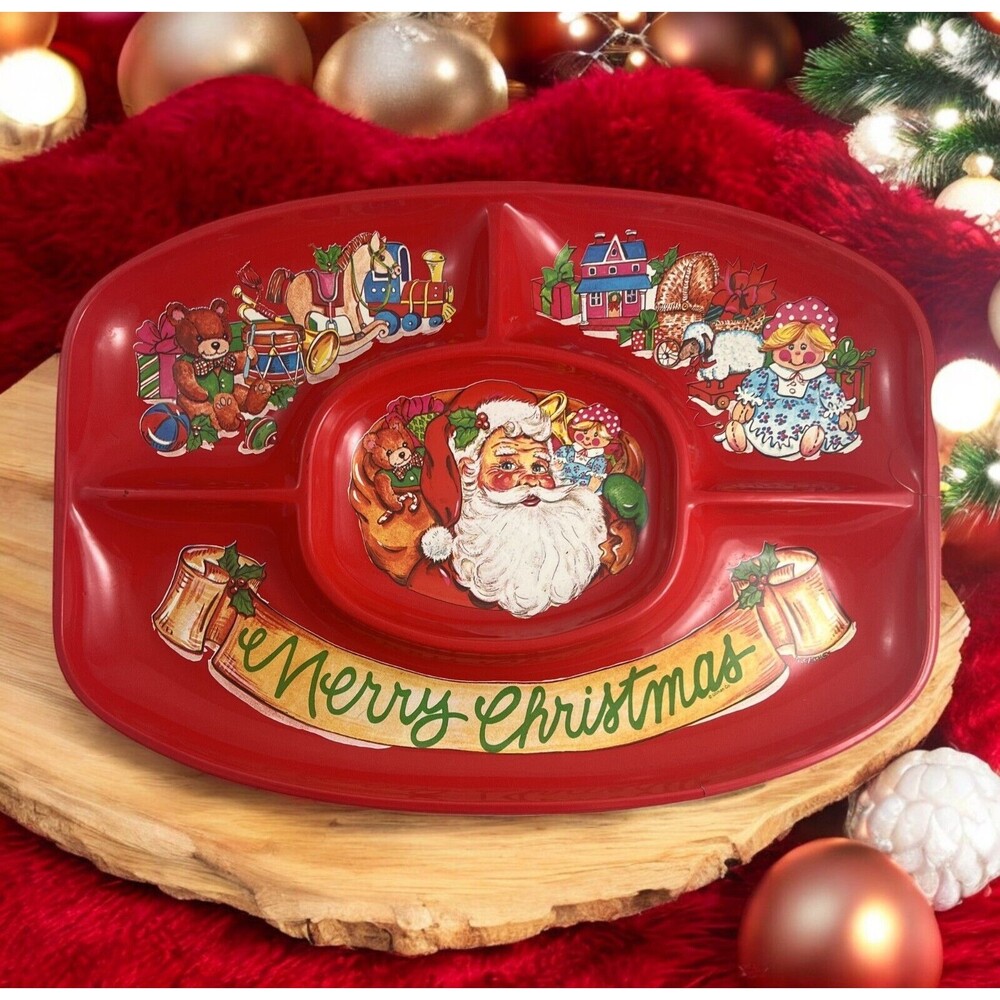 Vintage Plastic Christmas Divided Tray Serving Platter 18.5” W 13” H See Descrip